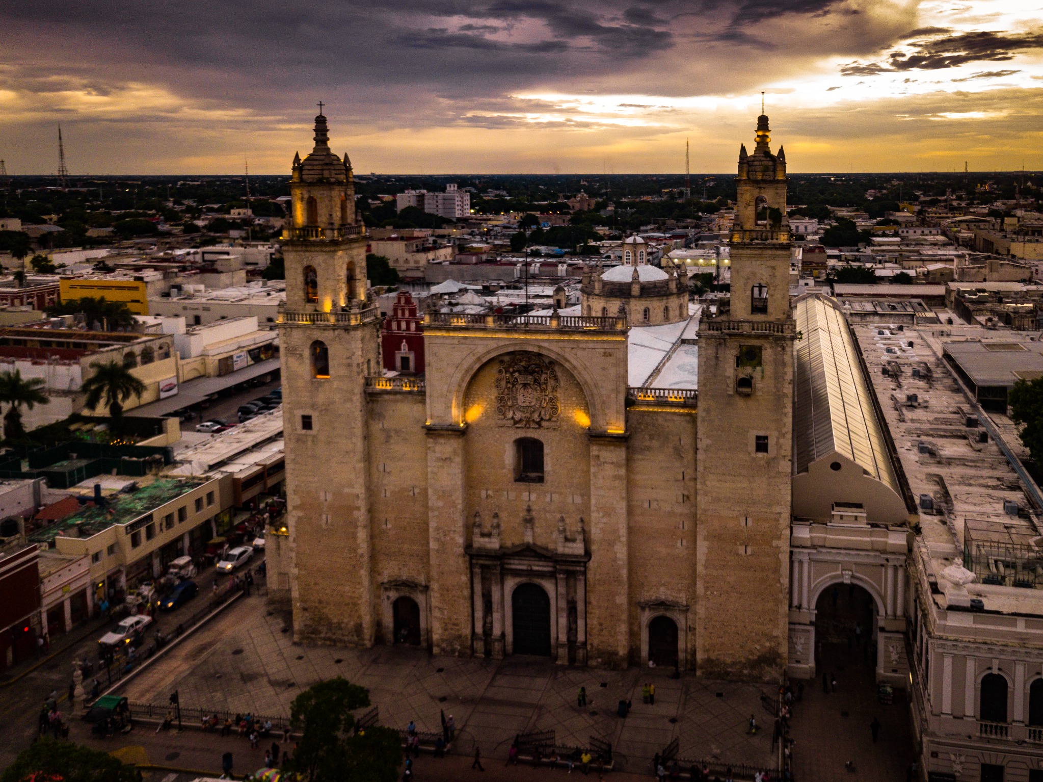 Mérida-inspired historic church at dusk